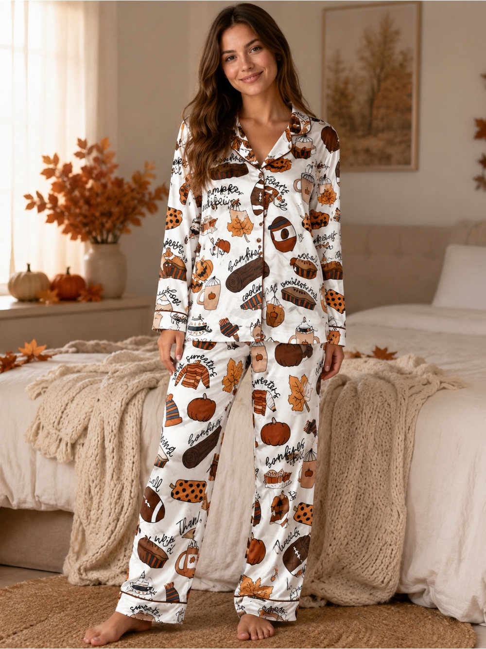 Sheshow NWT XS Fall Thanksgiving Satin Pajama Set Pumpkin Football